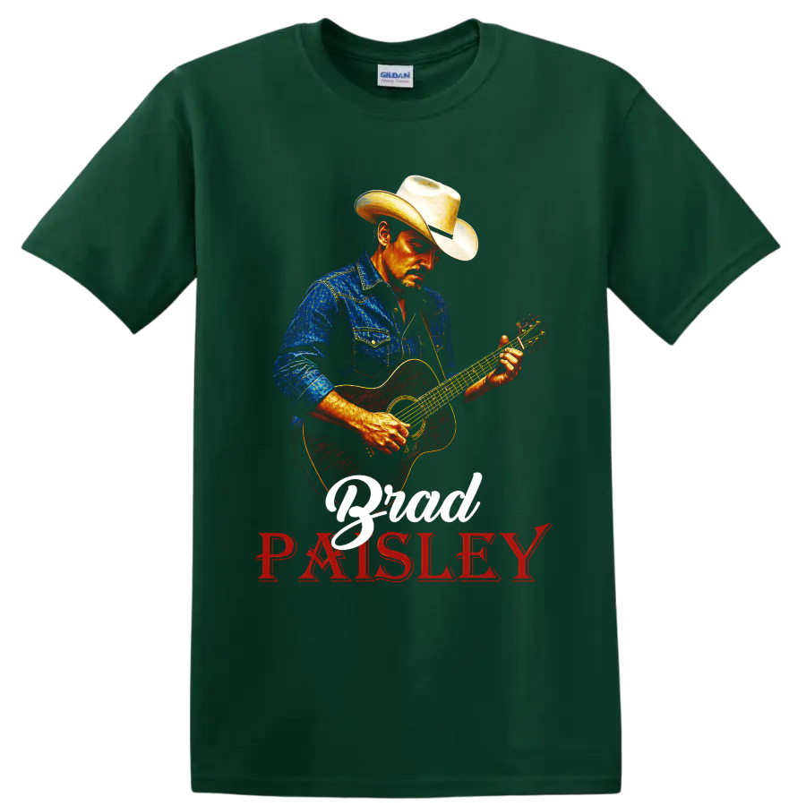 Brad Paisley cowboy-hatted guitarist in vivid western art with acoustic guitar lettering on a Forest Green T Shirt