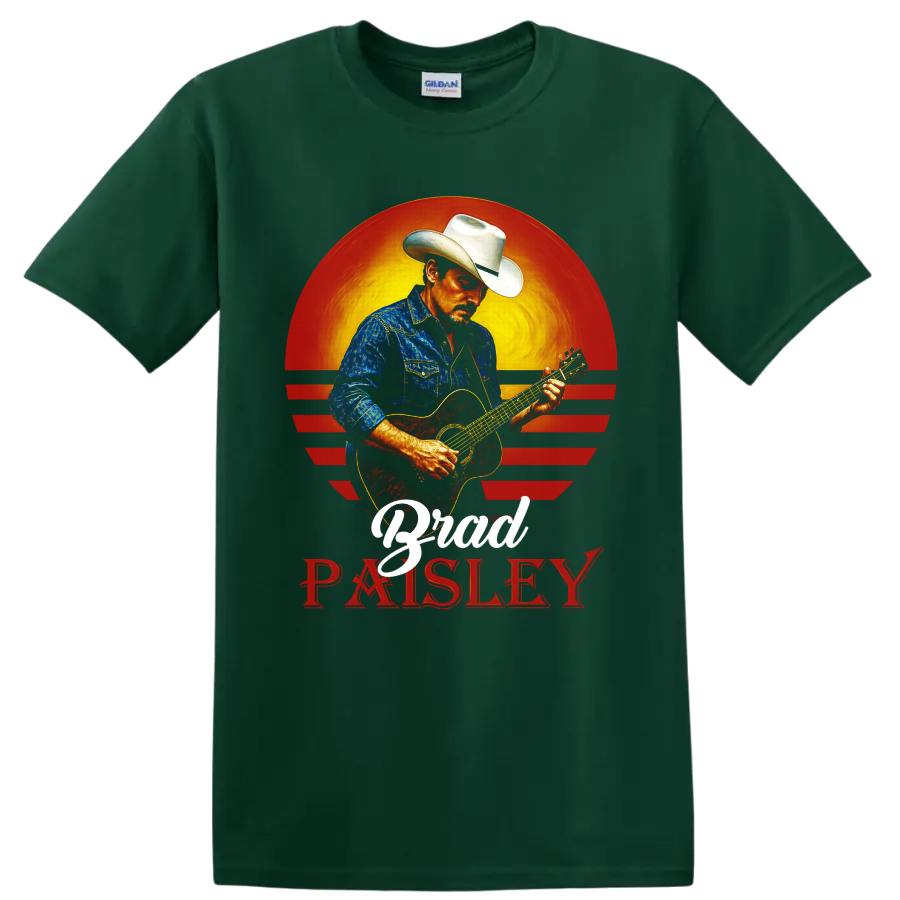 Brad Paisley playing acoustic guitar in cowboy hat before a retro western sunset on a Forest Green T Shirt