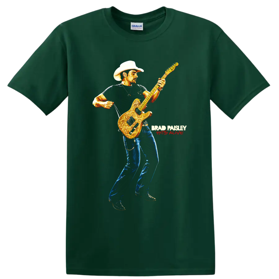 Brad Paisley cowboy-hatted guitarist with ornate golden electric guitar artwork on a Forest Green T Shirt
