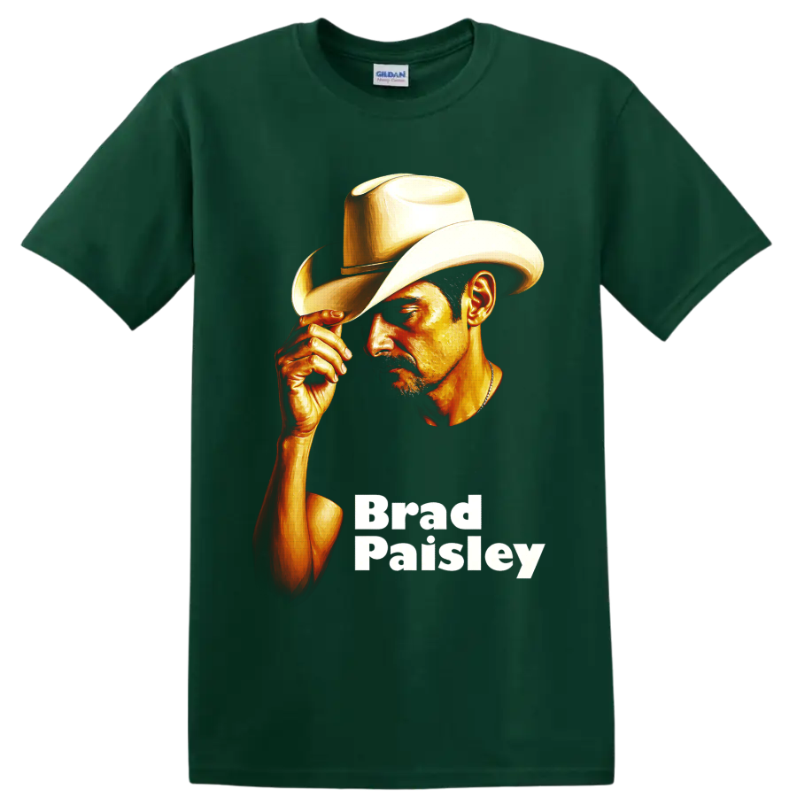 Brad Paisley painted cowboy hat portrait with warm gold highlights and name text on a Forest Green T Shirt