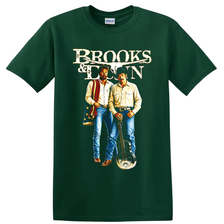 Brooks & Dunn vintage western duo art with cowboy hat, resonator guitar, and distressed on a Forest Green T Shirt