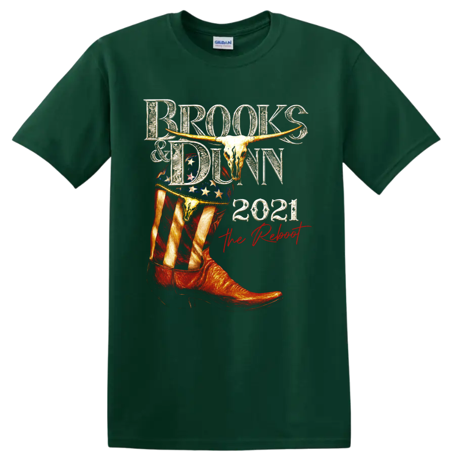 Brooks & Dunn The Reboot 2021 western cowboy boot, longhorn skull, and stars graphic on a Forest Green T Shirt