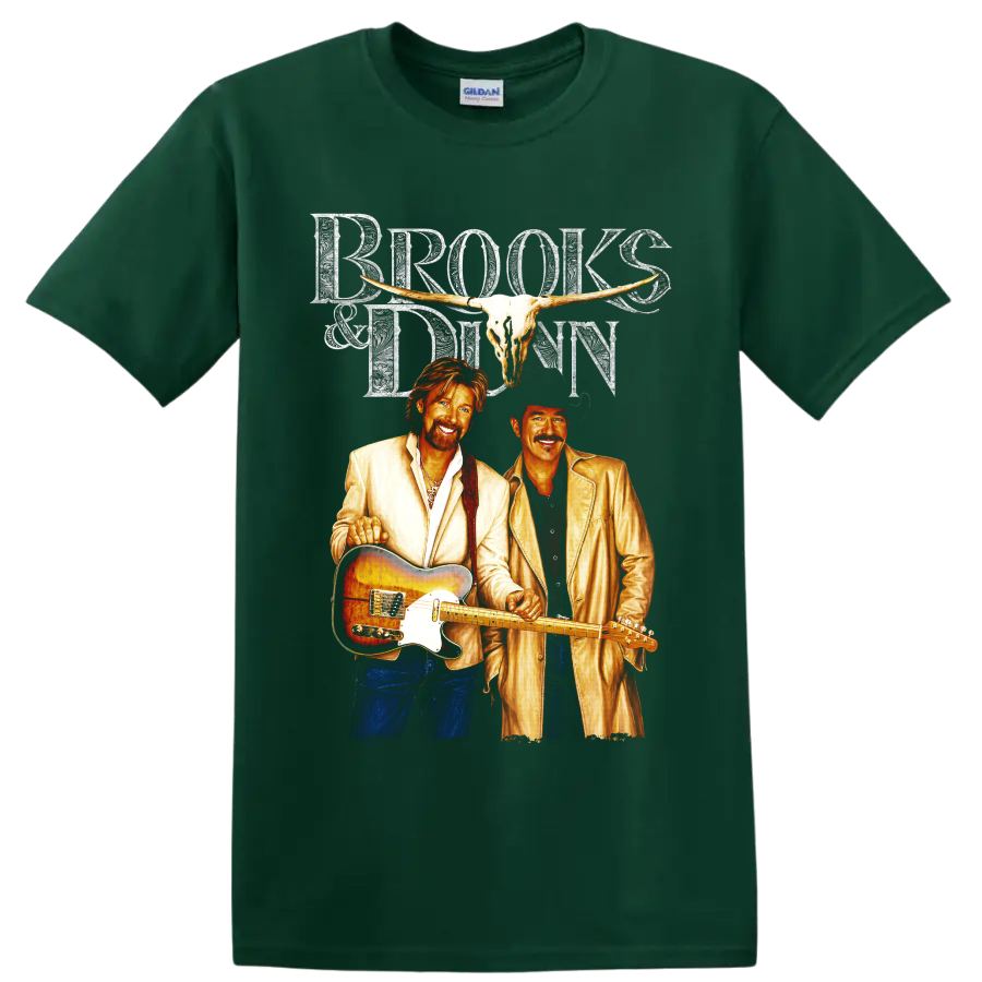 Brooks & Dunn western concert art with longhorn skull, guitar, and ornate lettering on a Forest Green T Shirt