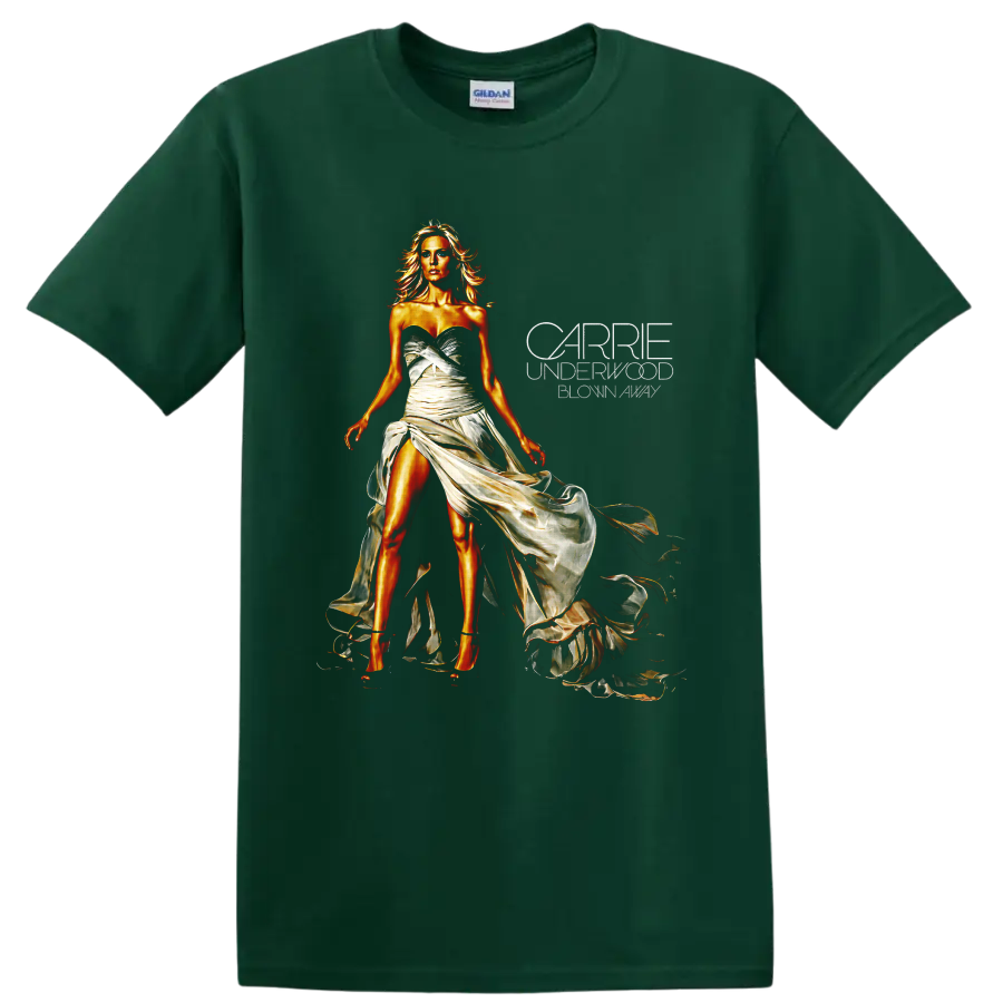 Carrie Underwood in a flowing ivory gown with glowing golden concert portrait art on a Forest Green T Shirt