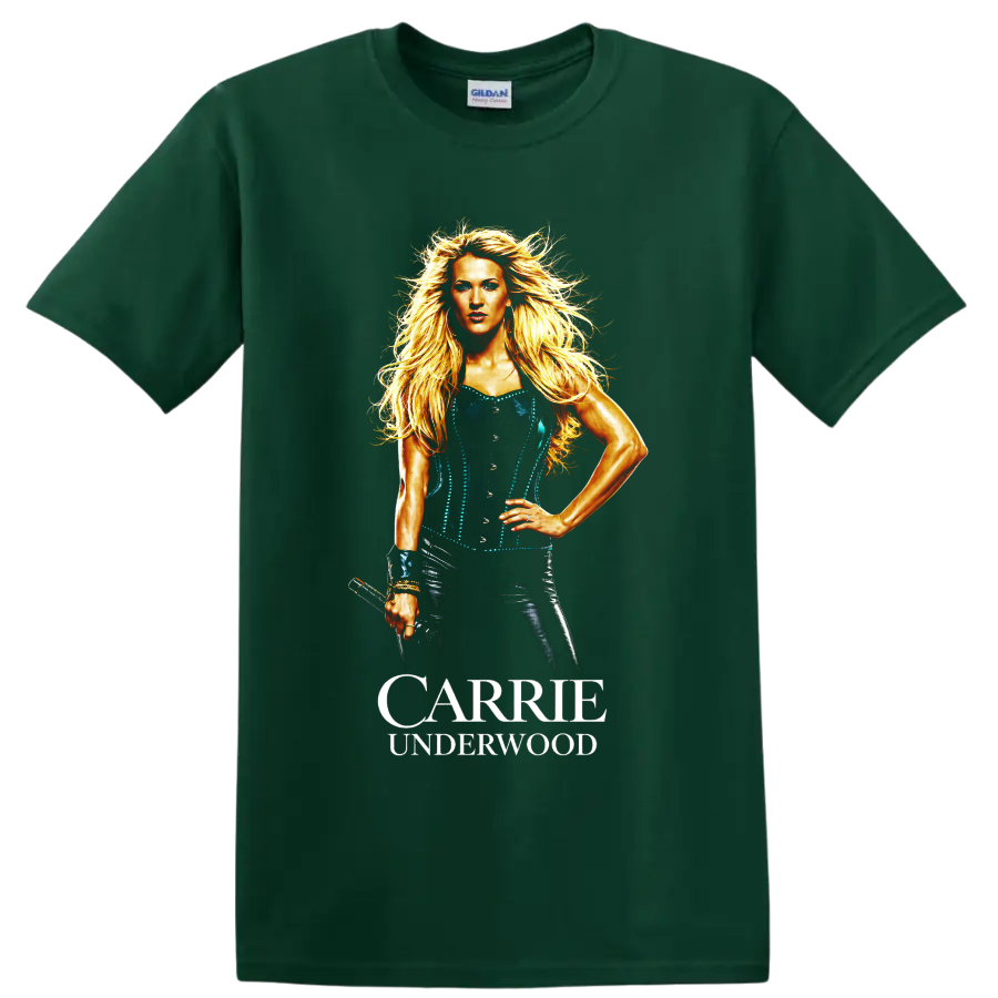 Carrie Underwood portrait illustration with flowing blonde hair and bold name lettering on a Forest Green T Shirt
