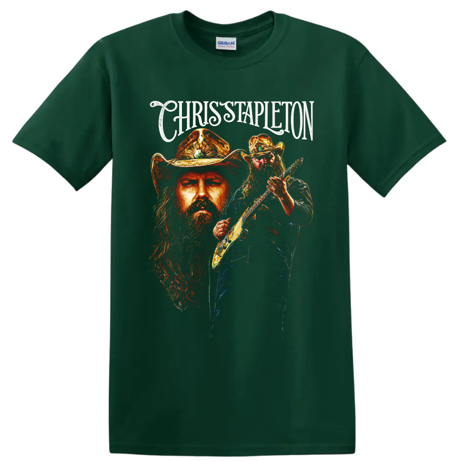 Chris Stapleton painted guitarist portrait in a western hat with ornate name lettering on a Forest Green T Shirt
