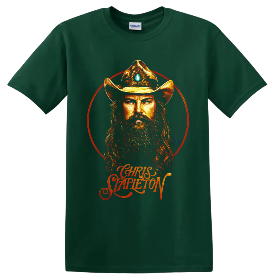 Chris Stapleton fiery cowboy hat portrait with red halo and script lettering on a Forest Green T Shirt