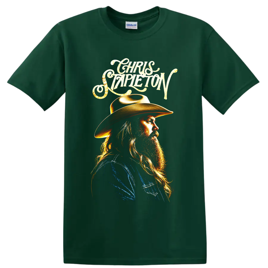 Chris Stapleton cowboy hat portrait with ornate script and golden country music artwork on a Forest Green T Shirt