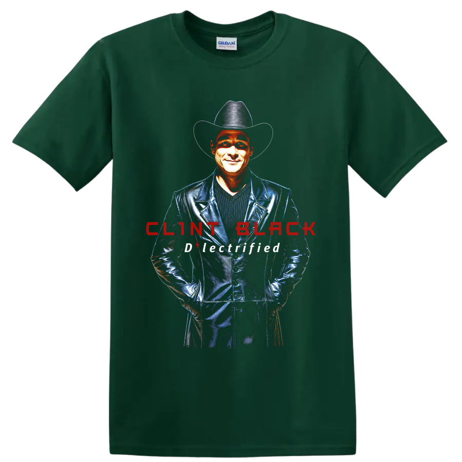 Clint Black cowboy hat portrait with red lettering and Electrified text on a Forest Green T Shirt