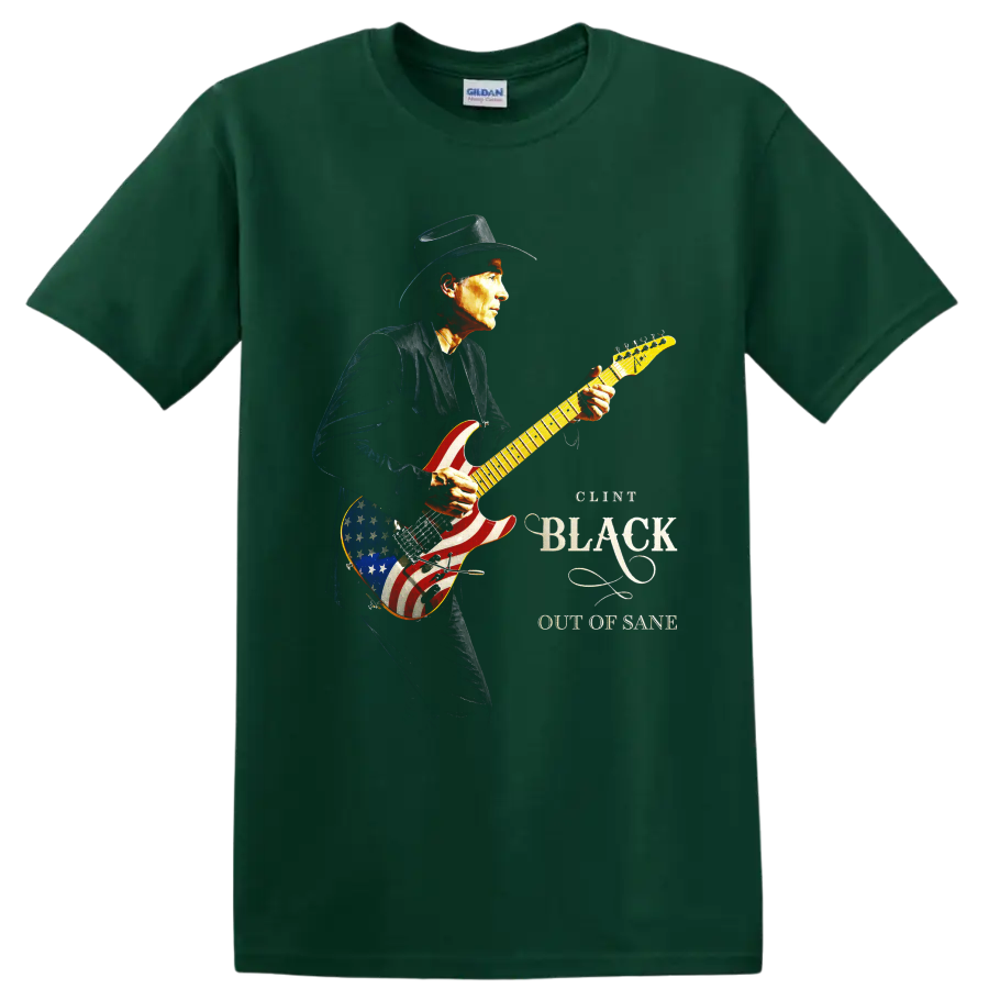 Clint Black cowboy-hatted guitarist with patriotic American flag electric guitar artwork on a Forest Green T Shirt