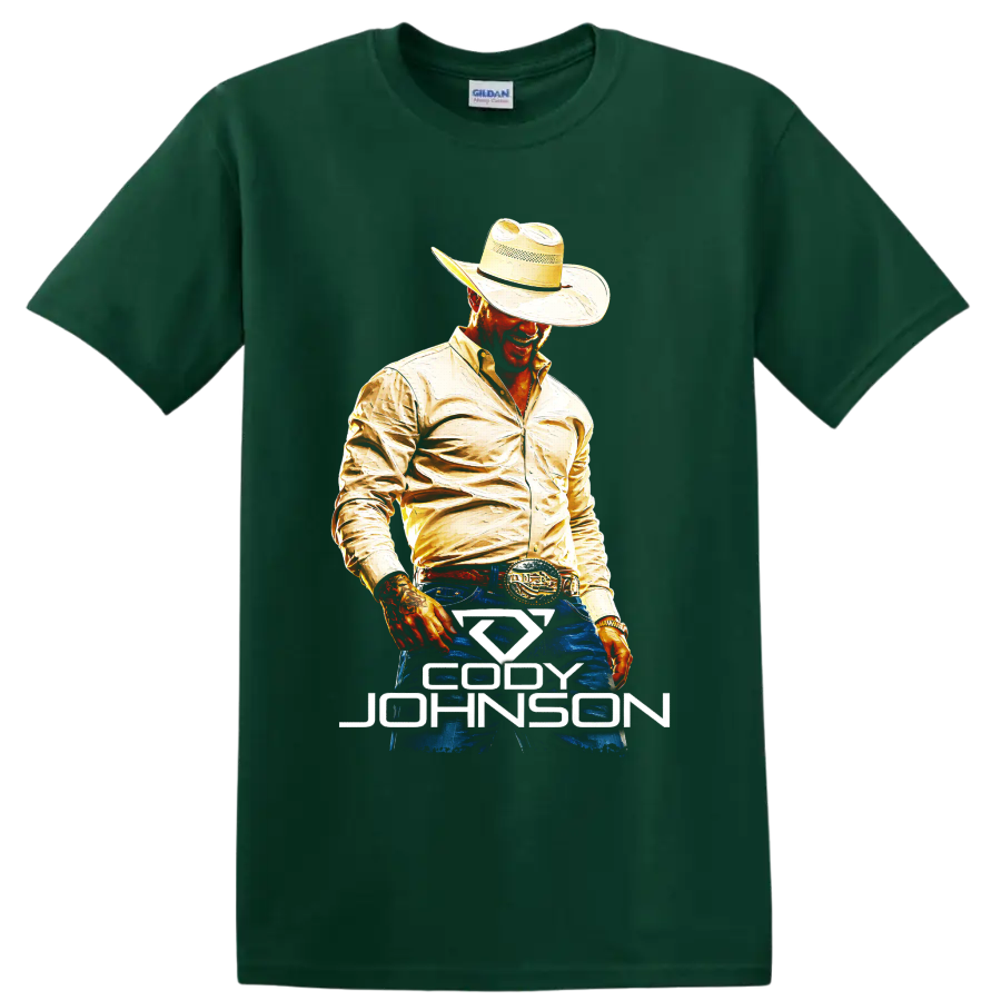 Cody Johnson painted country singer portrait in cowboy hat with Western name graphic on a Forest Green T Shirt