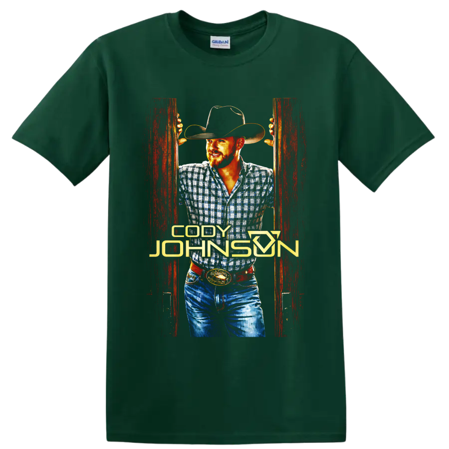 Cody Johnson cowboy portrait with black hat, plaid shirt, rustic red doors, and gold on a Forest Green T Shirt