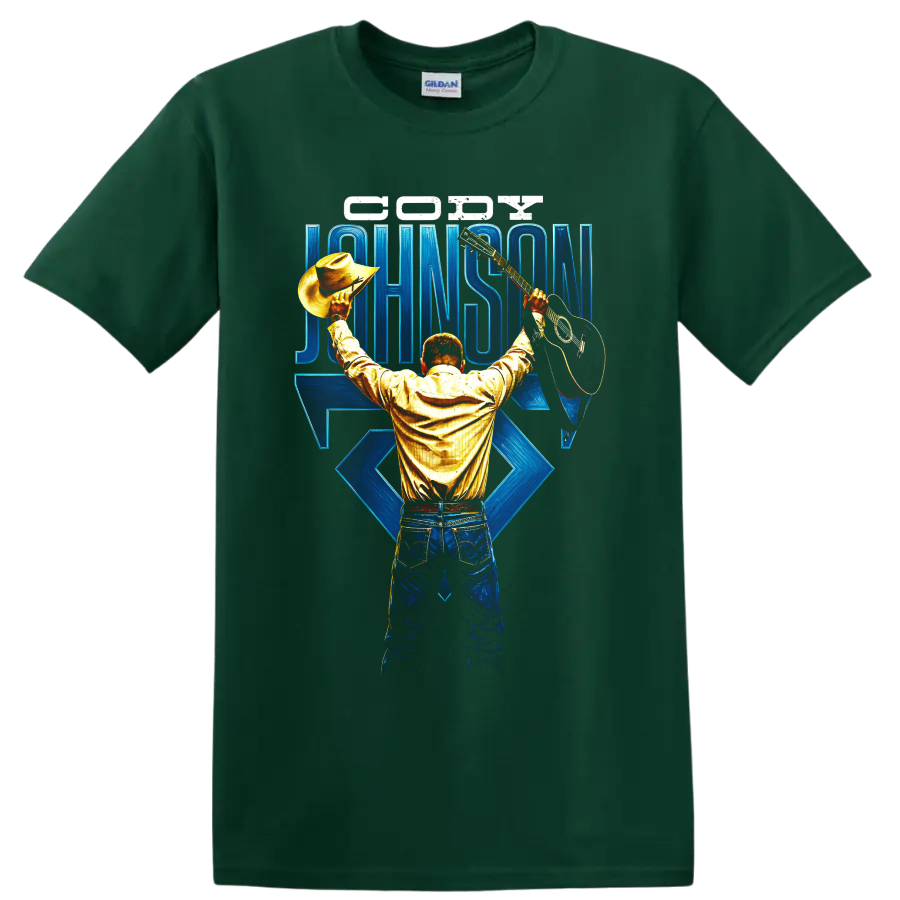 Cody Johnson cowboy performer holding hat and guitar with blue concert lettering on a Forest Green T Shirt