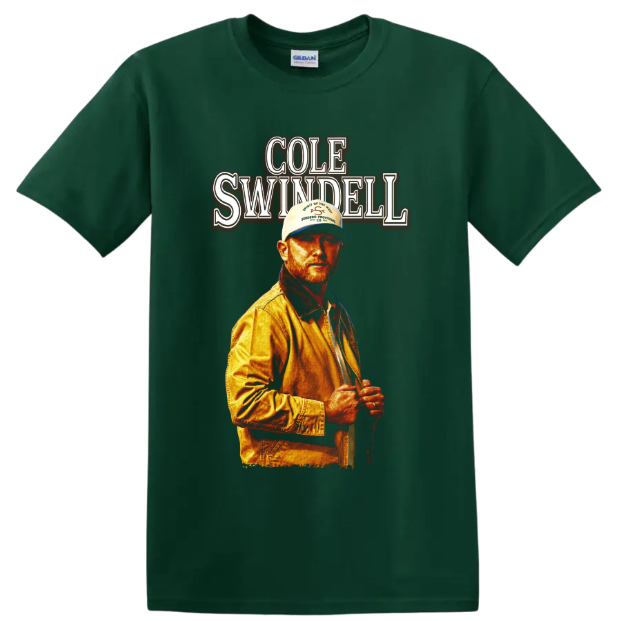Cole Swindell portrait with vintage red name lettering and warm concert poster styling on a Forest Green T Shirt