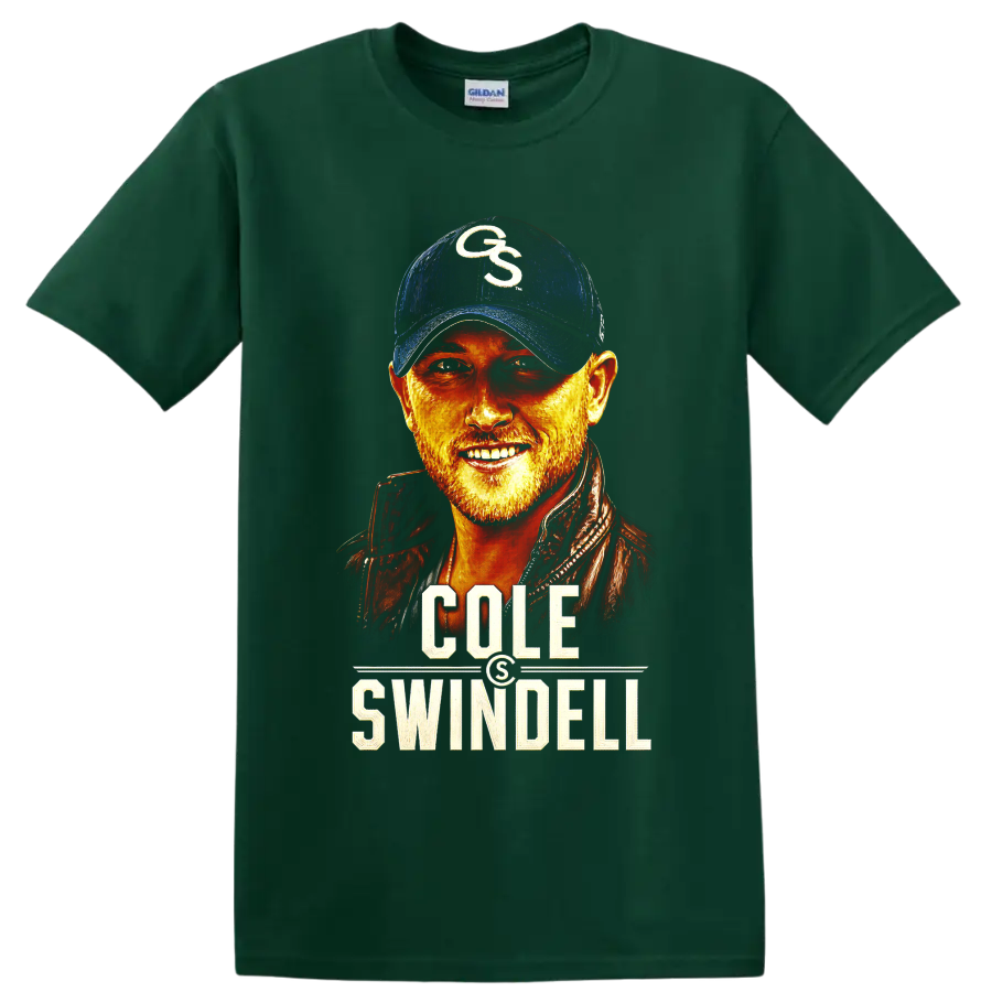 Cole Swindell country singer portrait with fiery colors and bold name lettering on a Forest Green T Shirt