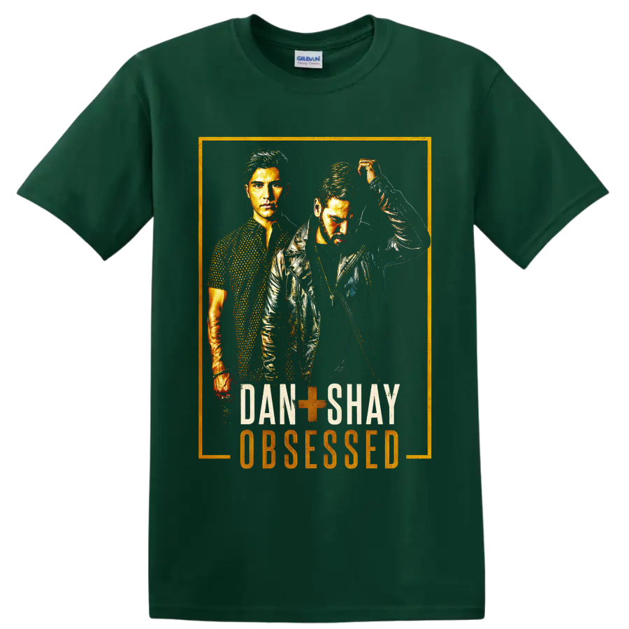 Dan + Shay duo portraits in distressed gold concert-poster art with Obsesssed text on a Forest Green T Shirt