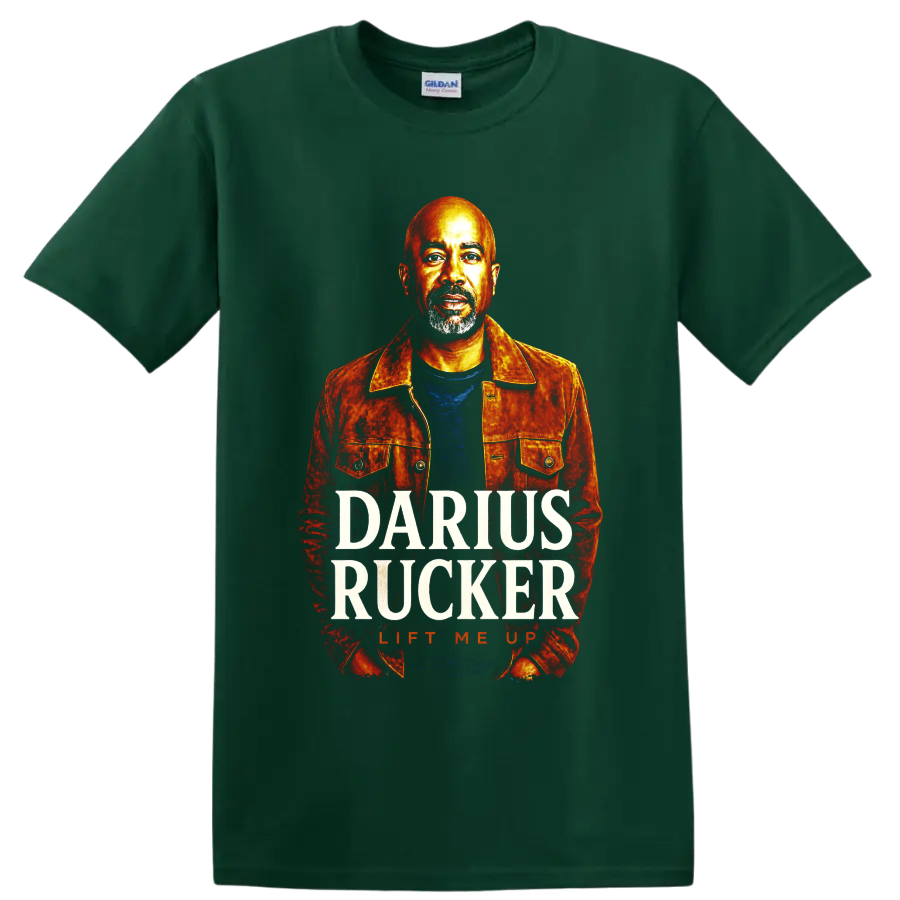 Darius Rucker painted portrait with DARIUS RUCKER and LIFT ME UP text on a Forest Green T Shirt