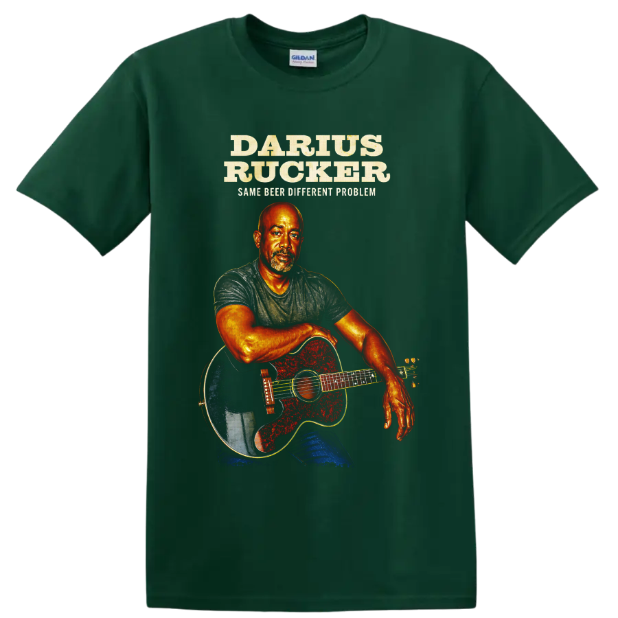 Darius Rucker illustrated guitar portrait with Same Beer Different Problem text on a Forest Green T Shirt