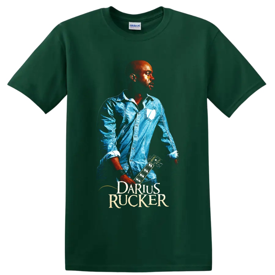 Darius Rucker guitar portrait in vivid blue and red concert-poster style on a Forest Green T Shirt