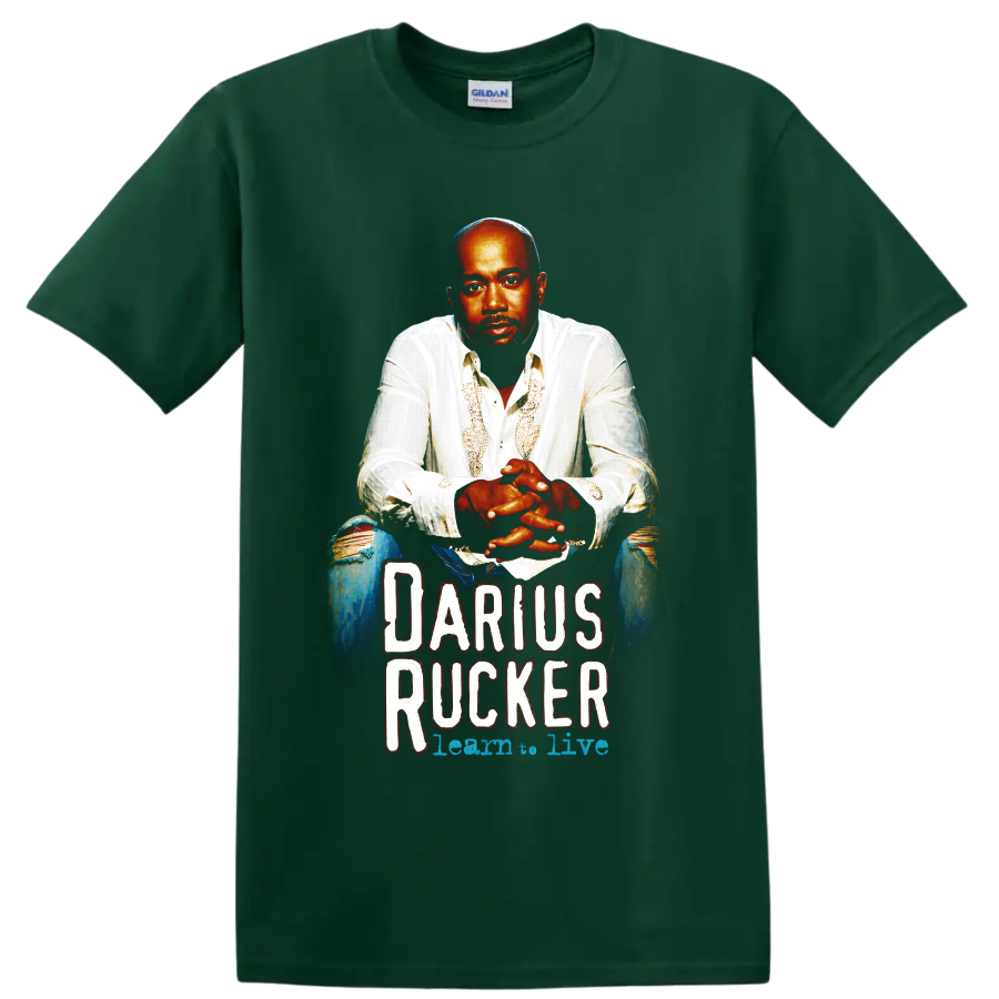 Darius Rucker painted portrait with distressed Darius Rucker concert-style lettering on a Forest Green T Shirt