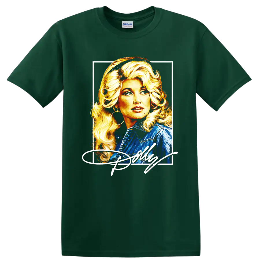 Dolly Parton retro painted portrait with blonde curls and blue western jacket on a Forest Green T Shirt
