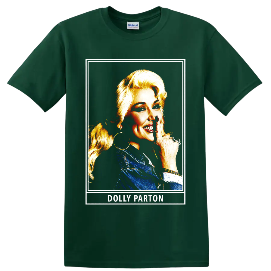 Dolly Parton portrait in blue outfit with gold highlights and framed retro artwork on a Forest Green T Shirt