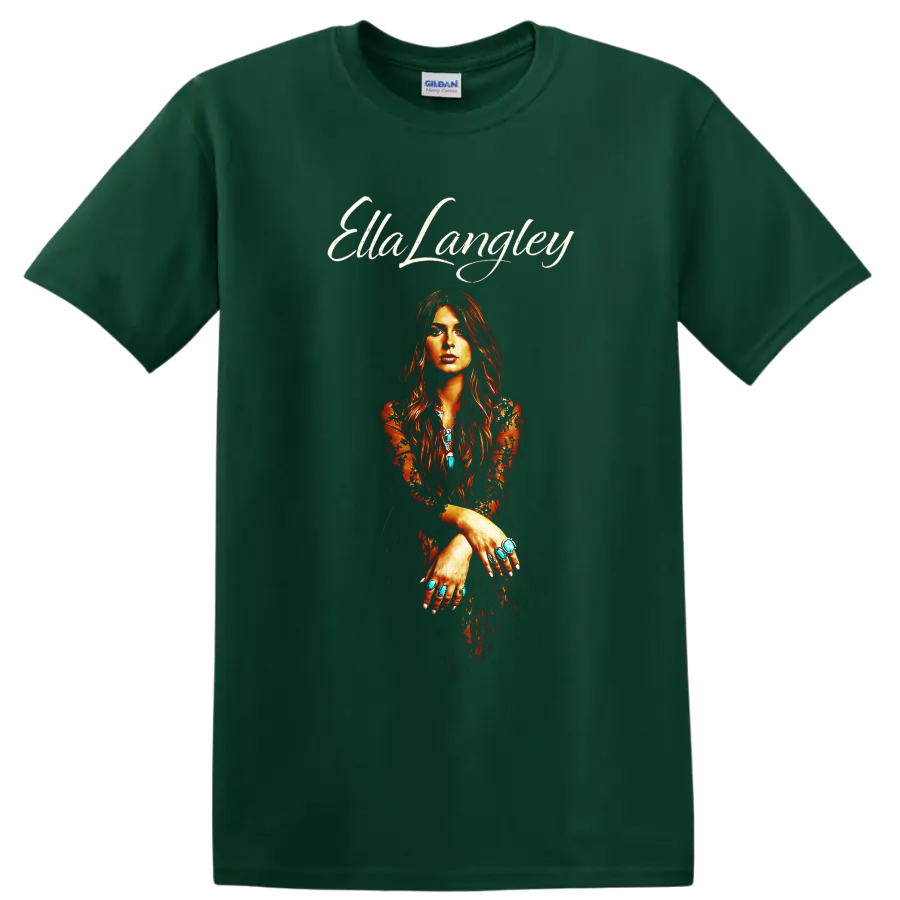 Ella Langley portrait in fiery western style with white script and turquoise jewelry on a Forest Green T Shirt
