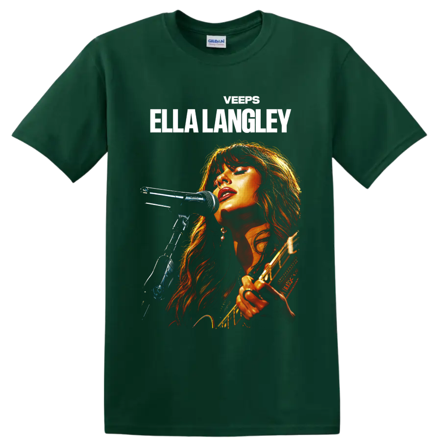Ella Langley live country singer portrait with microphone, guitar, and bold name text on a Forest Green T Shirt