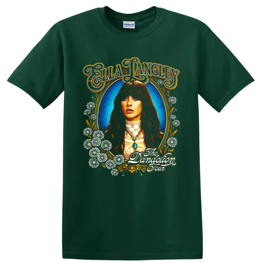 Ella Langley portrait with floral Western frame and The Damnation Tour lettering on a Forest Green T Shirt