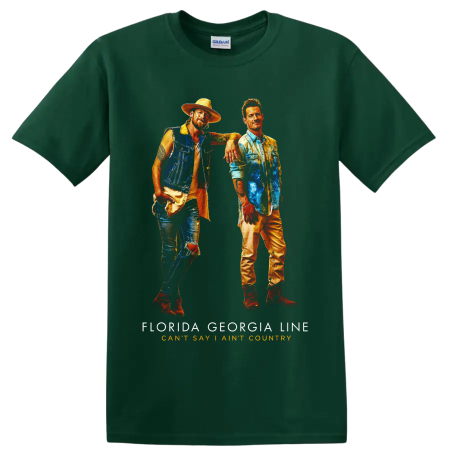 Florida Georgia Line painted duo portrait with Can’t Say I Ain’t Country text on a Forest Green T Shirt