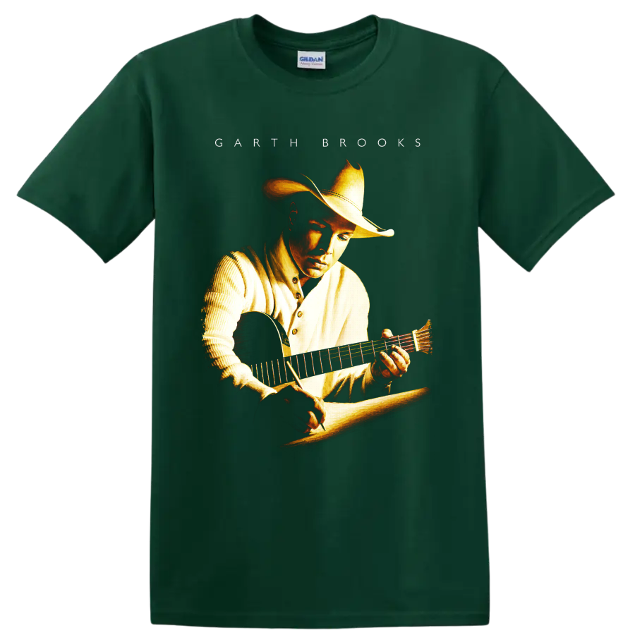 Garth Brooks cowboy hat and acoustic guitar portrait in warm Western illustration on a Forest Green T Shirt
