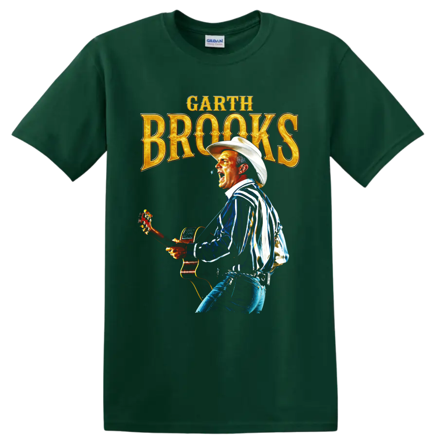 Garth Brooks singer with acoustic guitar, cowboy hat, and gold concert lettering on a Forest Green T Shirt