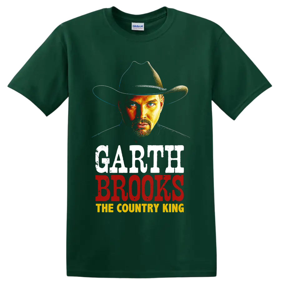 Garth Brooks cowboy hat portrait with distressed The Country King lettering on a Forest Green T Shirt