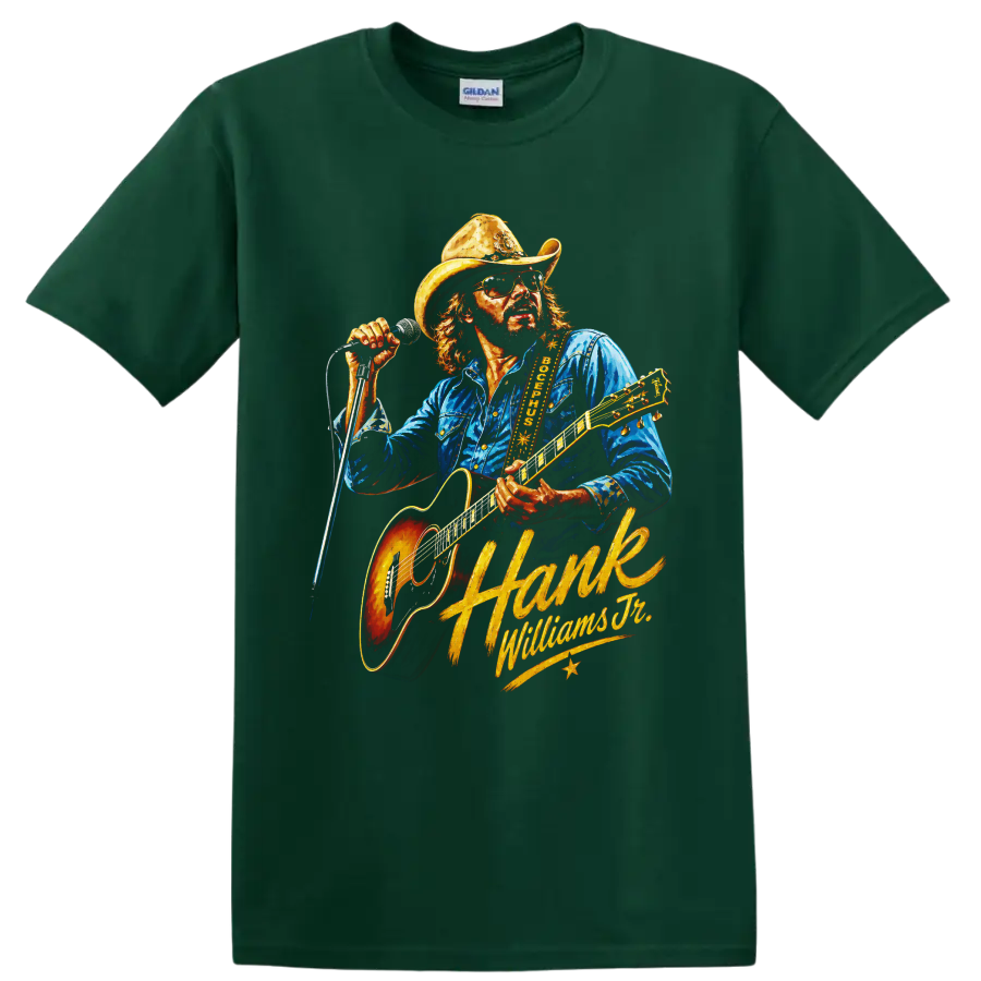 Hank Williams Jr. country guitar performance illustration with cowboy hat and microphone on a Forest Green T Shirt