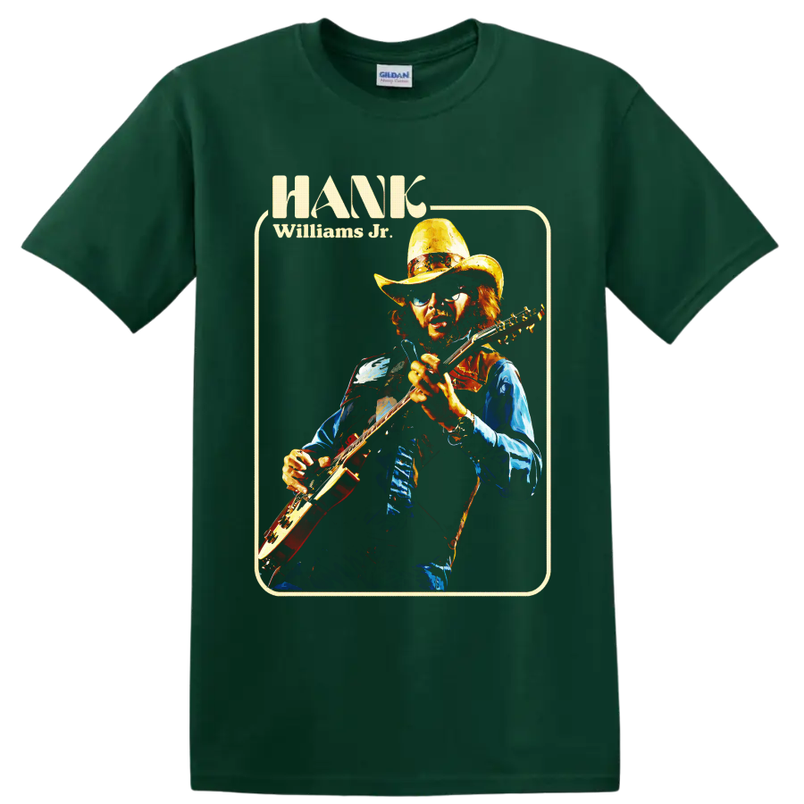 Hank Williams Jr retro portrait playing electric guitar in cowboy hat and sunglasses on a Forest Green T Shirt