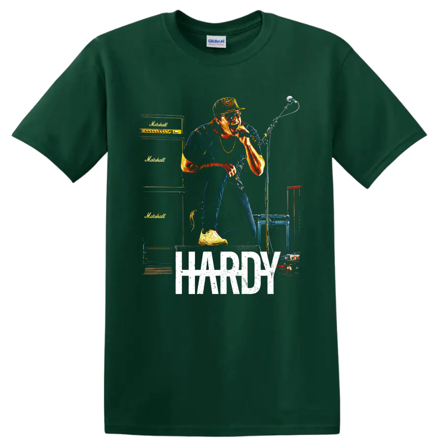 HARDY live concert singer graphic with microphone, amplifiers, and distressed lettering on a Forest Green T Shirt
