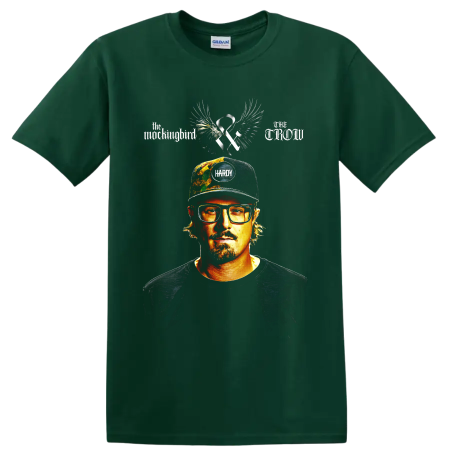 HARDY portrait with wings, ribbon, cap, and distressed country music artwork on a Forest Green T Shirt