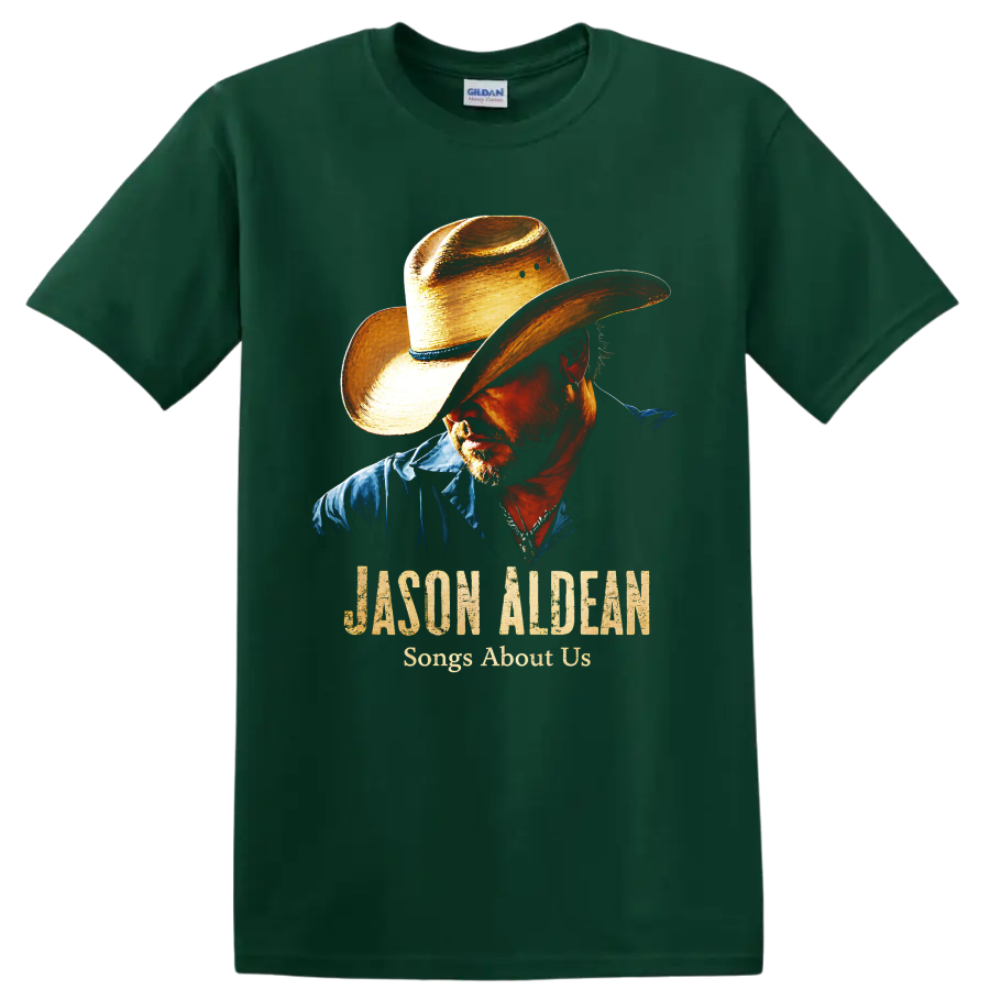 Jason Aldean cowboy hat portrait with Songs About Us distressed country music text on a Forest Green T Shirt