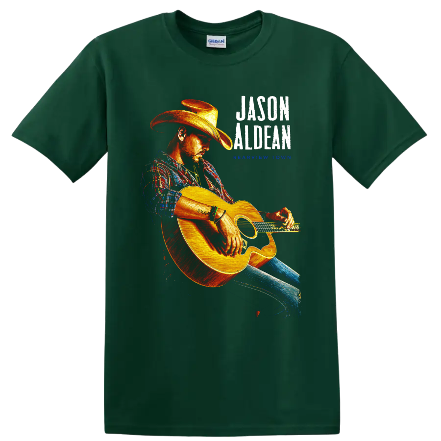 Jason Aldean Hicktown distressed concert graphic with cowboy-hatted acoustic guitarist on a Forest Green T Shirt