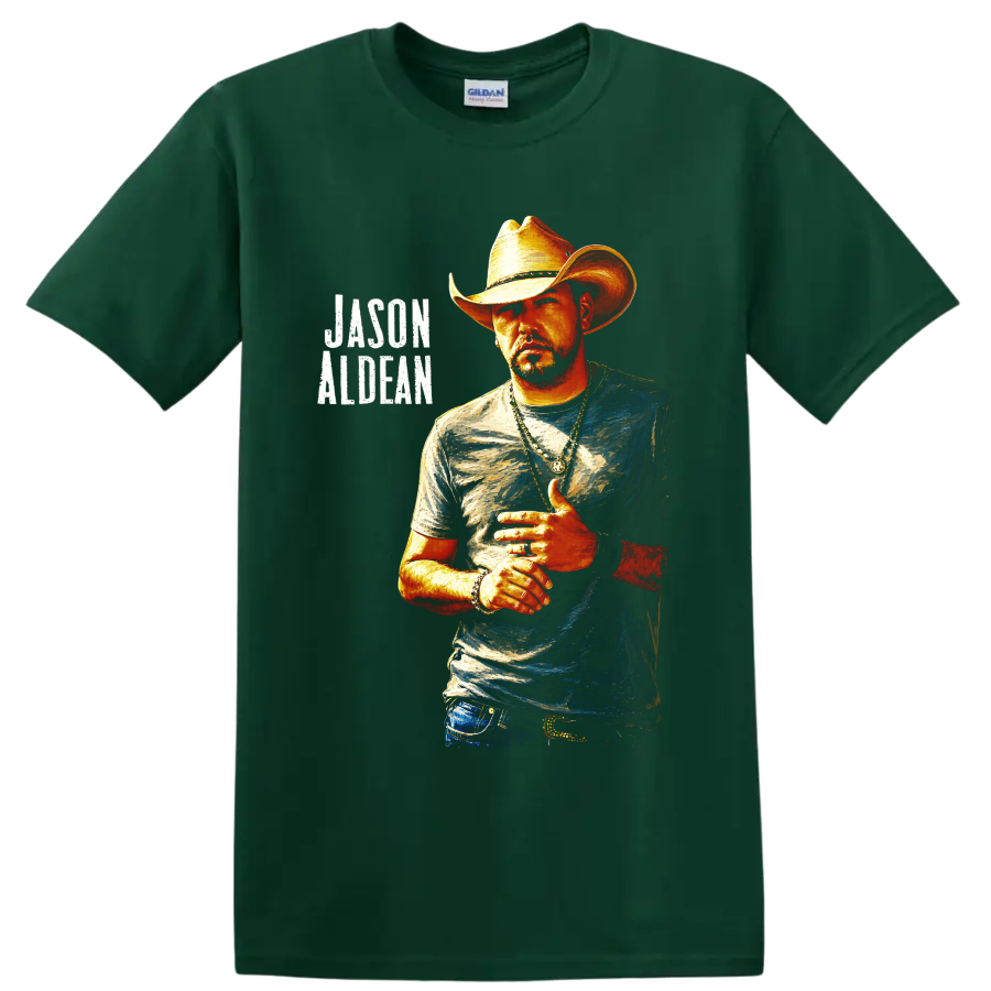 Jason Aldean cowboy hat portrait in vivid painted style with distressed name lettering on a Forest Green T Shirt