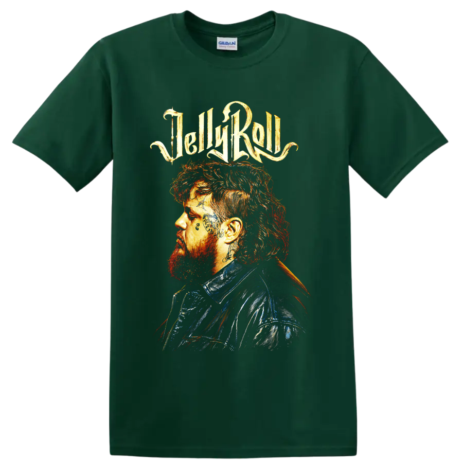 Jelly Roll side-profile portrait with tattoo details and fiery painted lettering on a Forest Green T Shirt