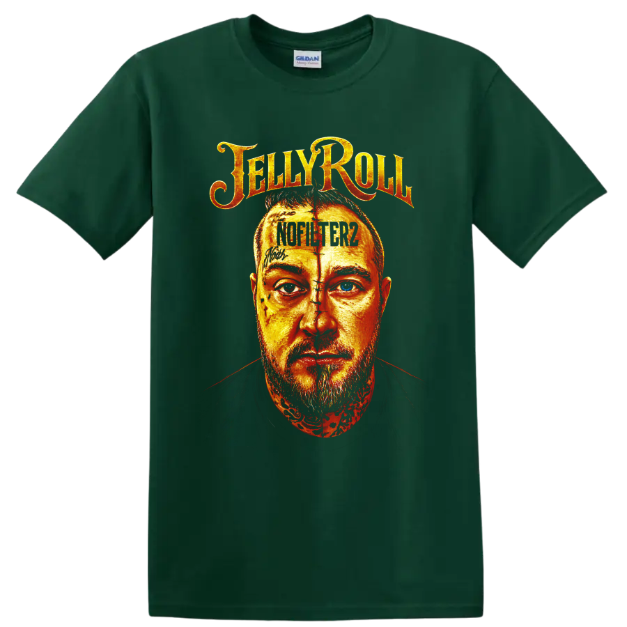 Fiery illustrated Jelly Roll portrait with distressed lettering and Not Like Us text on a Forest Green T Shirt