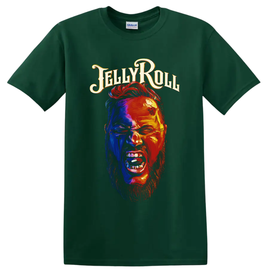 Jelly Roll tattooed portrait in vivid blue and fiery red with ornate Jelly Roll lettering on a Forest Green T Shirt