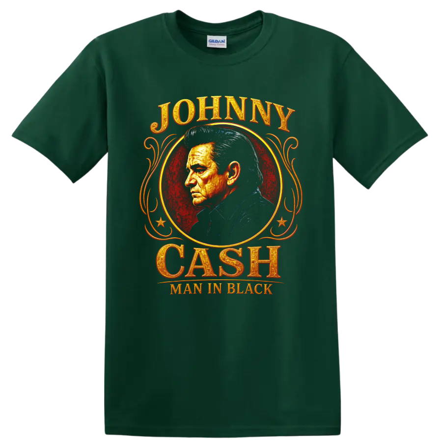 Johnny Cash Man in Black portrait with red medallion and ornate western lettering on a Forest Green T Shirt