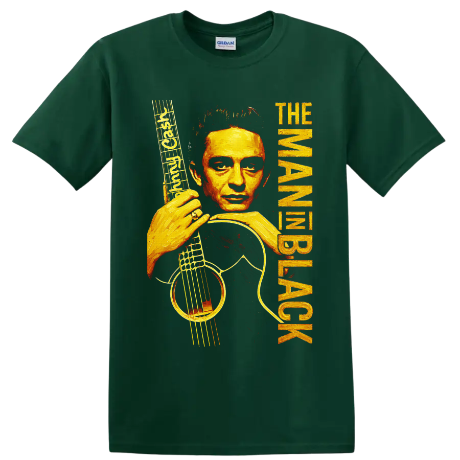 Johnny Cash painted guitar portrait with musical notes and distressed vertical lettering on a Forest Green T Shirt