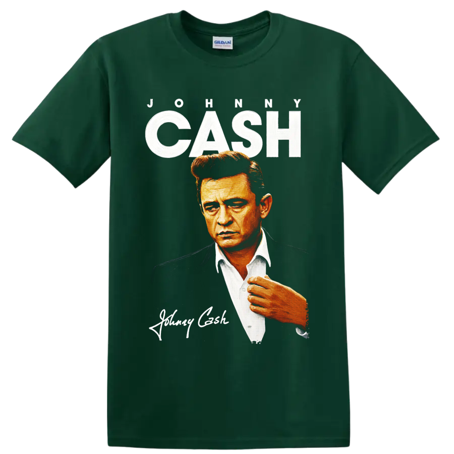 Johnny Cash painted portrait with distressed JOHNNY CASH lettering and signature-style on a Forest Green T Shirt