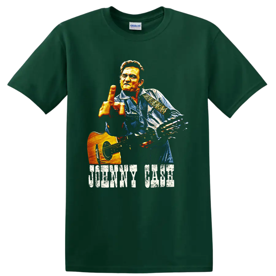 Johnny Cash painted guitar portrait with distressed name lettering on a Forest Green T Shirt