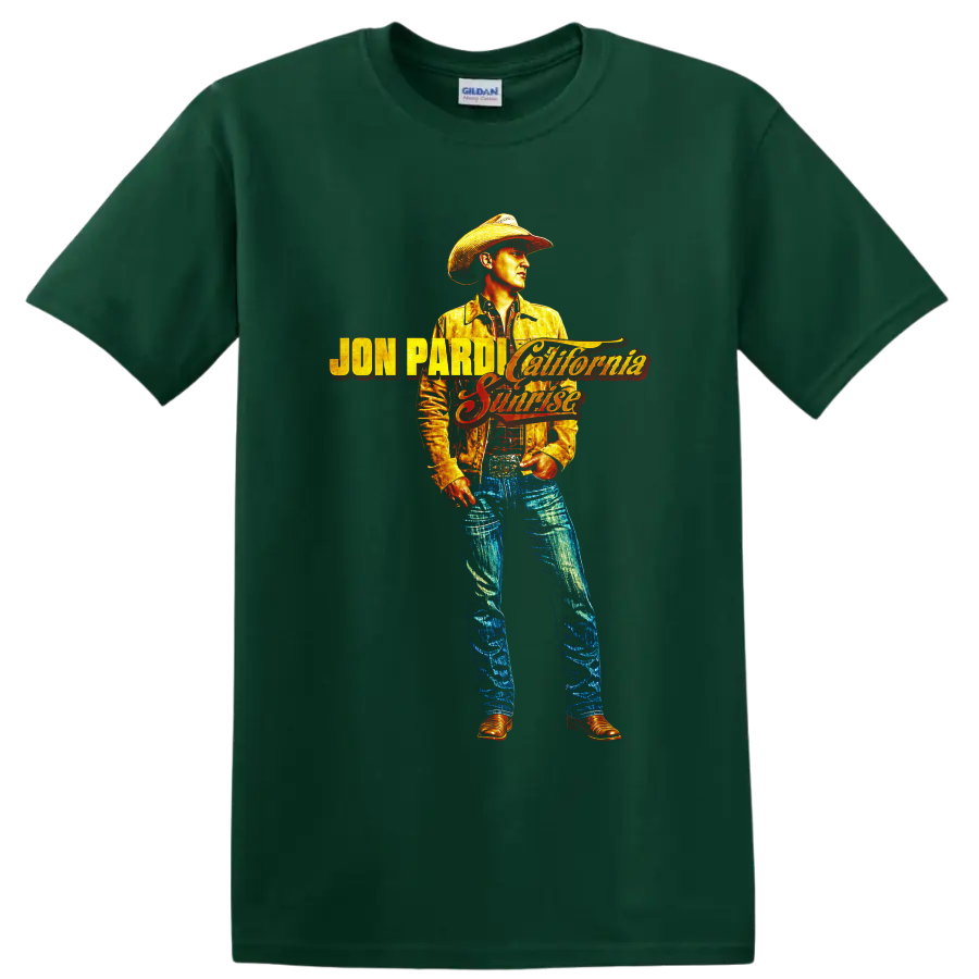 Jon Pardi California Sunrise cowboy portrait with retro western lettering on a Forest Green T Shirt