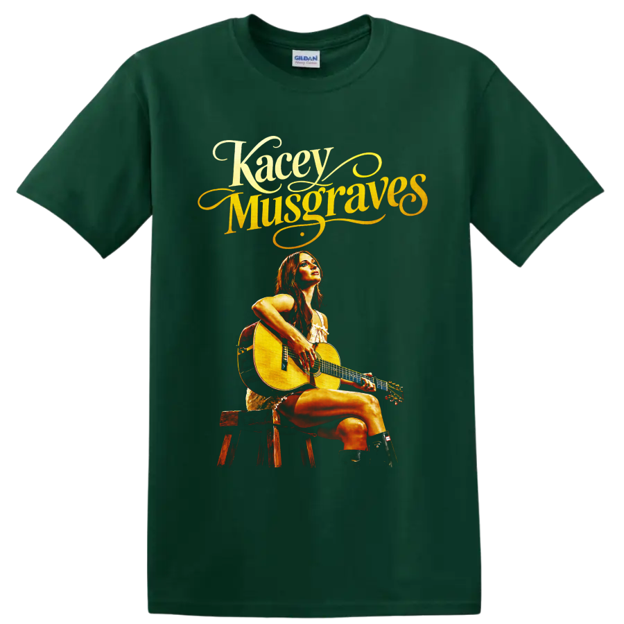 Kacey Musgraves seated with acoustic guitar beneath ornate script lettering on a Forest Green T Shirt