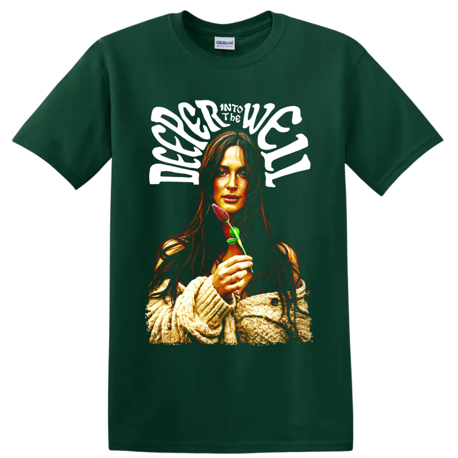 Kacey Musgraves retro portrait holding a pink flower with bold white lettering on a Forest Green T Shirt